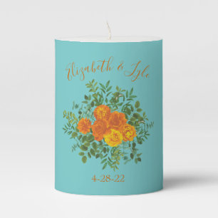Orange & Aqua Wedding Modern Floral Pillar Candle