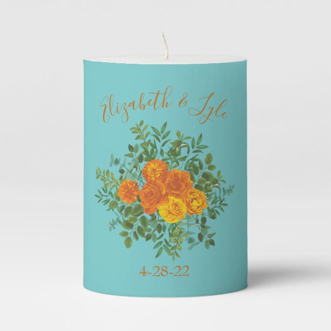 Orange & Aqua Wedding Modern Floral Pillar Candle (Front)