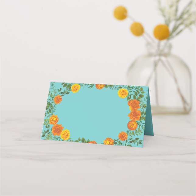 Orange & Aqua Wedding Modern Floral Place Card (Front)