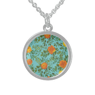 Orange & Aqua Wedding Modern Floral Sterling Silver Necklace