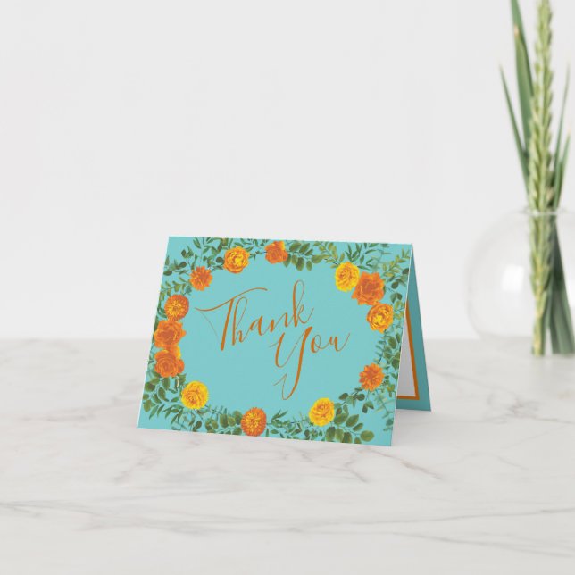 Orange & Aqua Wedding Modern Floral Thank You Card (Front)
