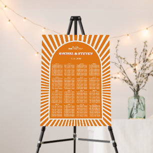 Orange arch, sunrays groovy wedding seating chart foam board