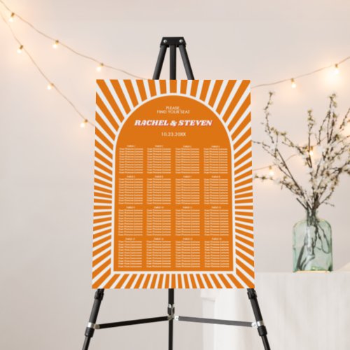 Orange arch sunrays groovy wedding seating chart foam board