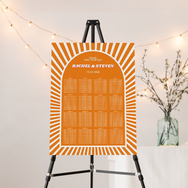 Orange arch, sunrays groovy wedding seating chart foam board (In Situ (Stand))