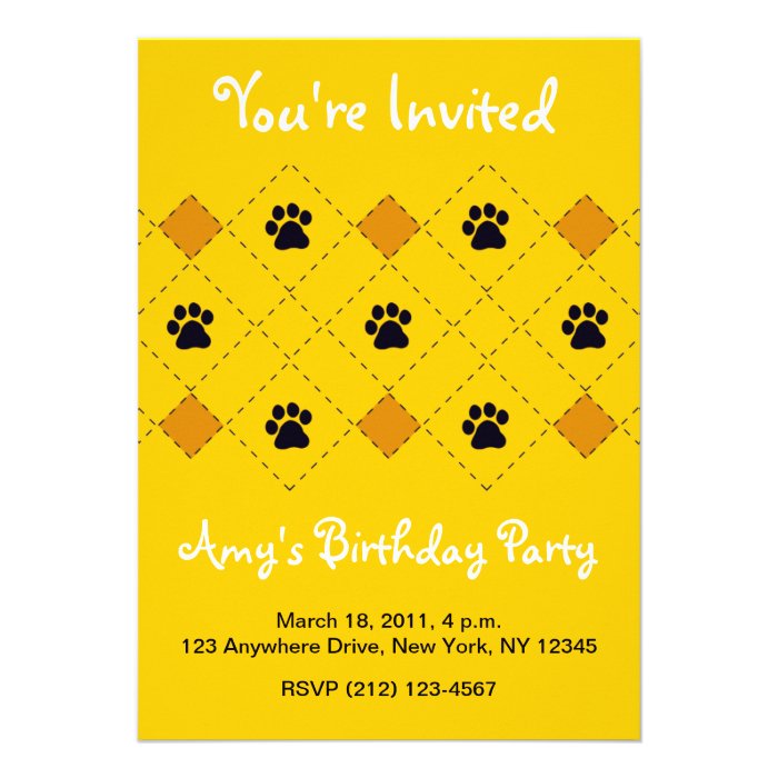 Orange Argyle Paw Prints Personalized Invite