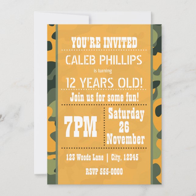 Orange Army Camouflage Birthday Party Invitations (Front)