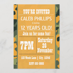 Orange Army Camouflage Birthday Party Invitations