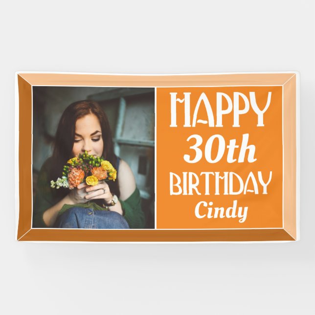 Orange Art Deco 30th Photo Birthday Banner (Horizontal)