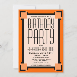 Orange Art Deco Birthday Party Invitation
