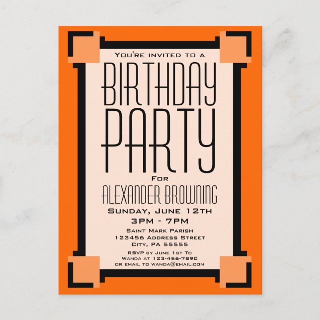 Orange Art Deco Birthday Party Invite Postcard (Front)