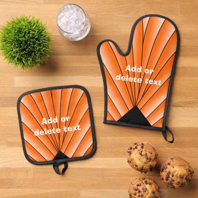 Orange Art Deco Design Personalised Oven Mitt & Pot Holder Set (Top Down)