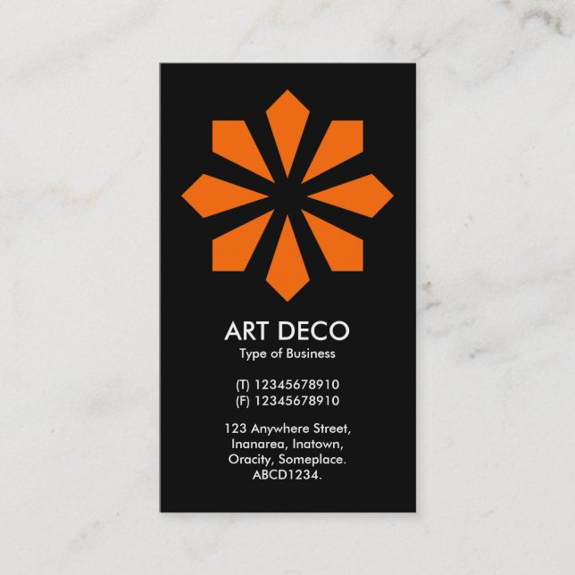 Orange Art Deco Flower Star - Black Business Card (Front)