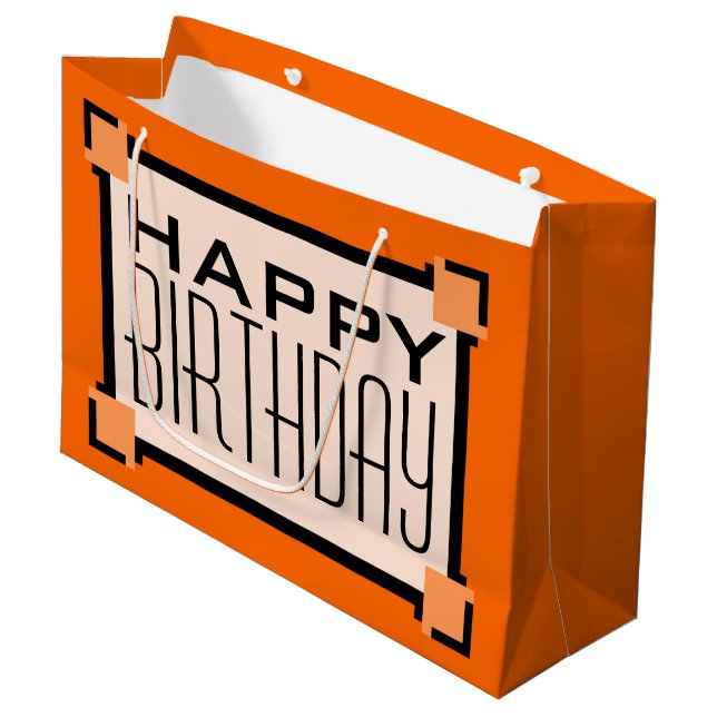 Orange Art Deco Geometric Happy Birthday Large Gift Bag (Front Angled)