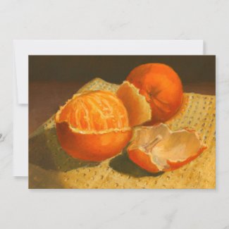 Still Life painting of a peeled orange with an unpeeled orange in the background