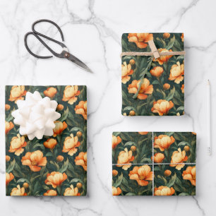 Orange Art Nouveau Floral Wrapping Paper Sheets