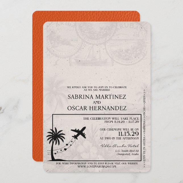 Orange Aruba Passport Wedding Invitation (Front/Back)