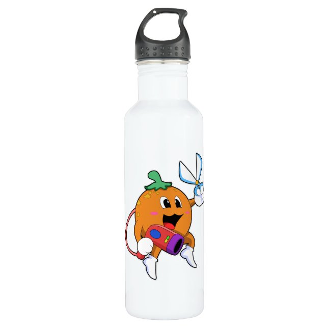 Orange as Hairdresser with Scissors & Hair dryer Stainless Steel Water Bottle (Front)