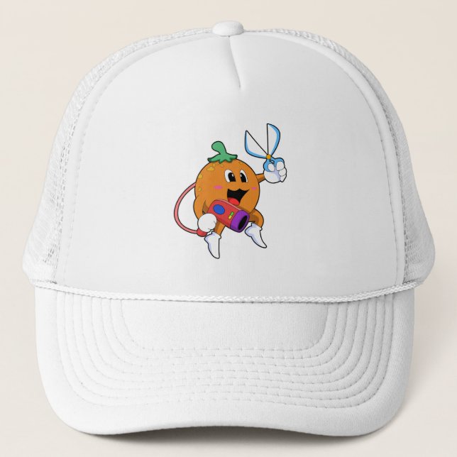 Orange as Hairdresser with Scissors & Hair dryer Trucker Hat (Front)