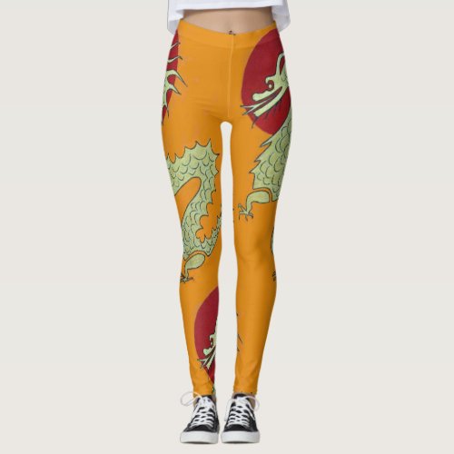 Orange Asian Dragon Leggings__Gold Dragon Red Sun Leggings