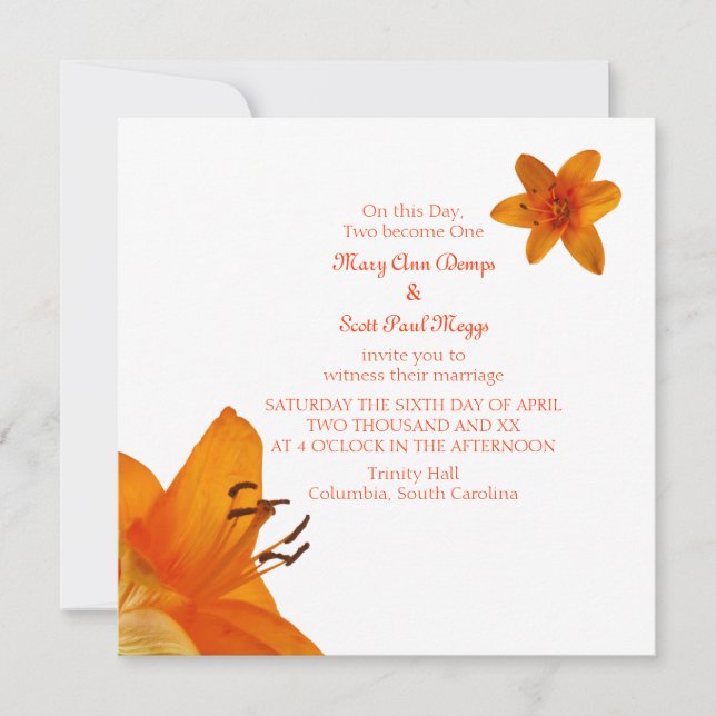 Orange Asiatic Lily Wedding Invitation (Front)