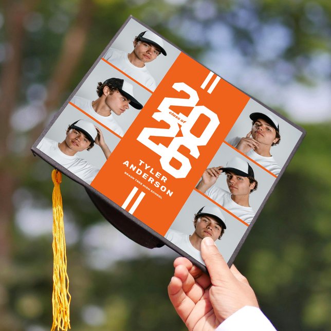 Orange Athletic Grad Photo Collage Graduation Cap Topper (Creator Uploaded)