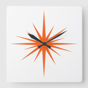 Orange Atomic Starburst Mid Century Modern Square Wall Clock