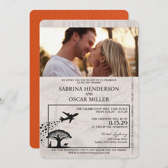Orange Australia Passport Wedding Invitation (Front/Back)