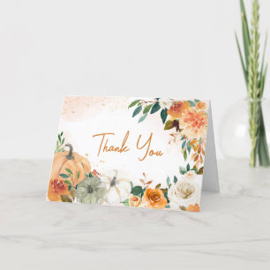 Orange Autumn Fall Floral Pumpkin Baby Shower Letterpress Thank You Card