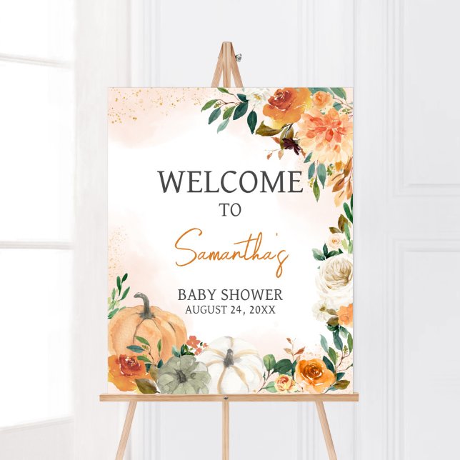 Orange Autumn Fall Floral Pumpkin Welcome Poster (Autumn Floral Pumpkin Baby Shower Welcome Sign)