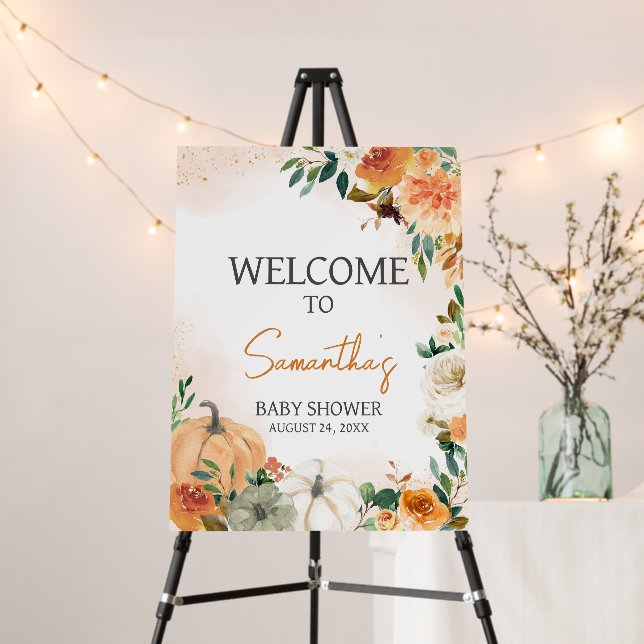 Orange Autumn Fall Floral Pumpkin Welcome Sign (In Situ (Stand))