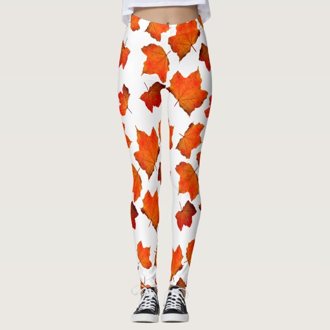 Orange Autumn Fall leaves Leggings (Front)
