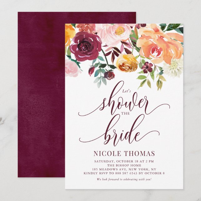 Orange Autumn Floral Garland Fall Bridal Shower Invitation (Front/Back)