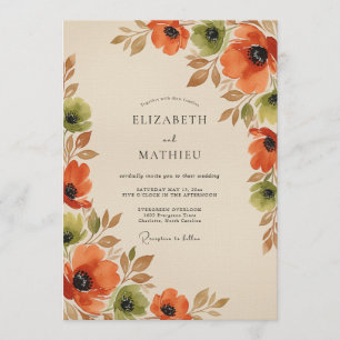 Orange Autumn Floral Romance Wedding Invitation