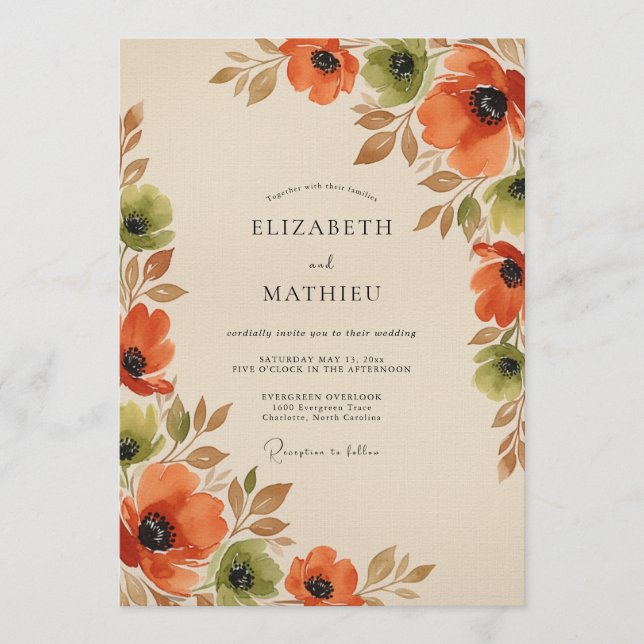 Orange Autumn Floral Romance Wedding Invitation (Front)