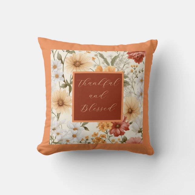 Orange autumn floral thankful throw pillow (Front)
