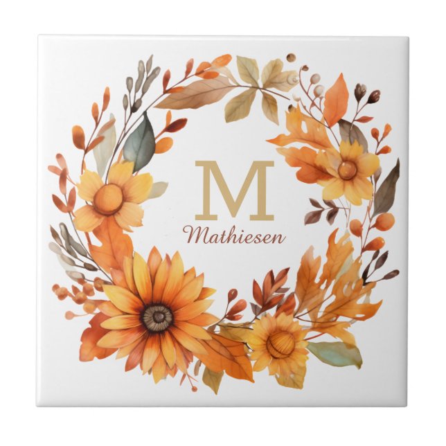 Orange Autumn Floral Wreath Monogram Ceramic Tile (Front)