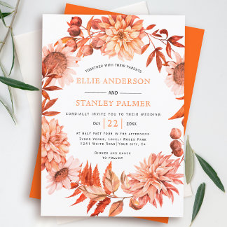 Orange autumn flower wreath fall wedding invitation