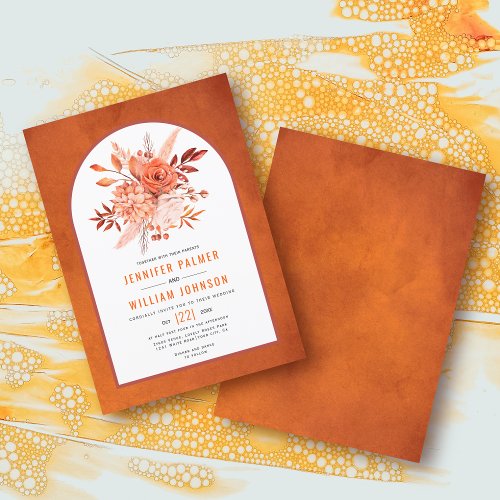 Orange autumn flowers and arch fall wedding invitation
