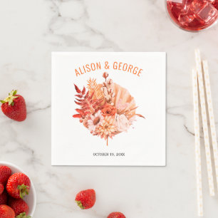 Orange autumn flowers, palm leaf fall wedding napkins