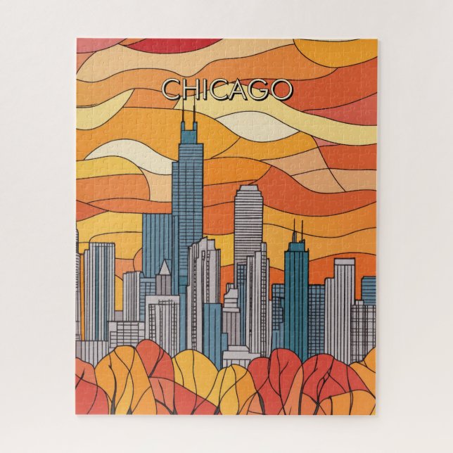 Orange Autumn in Chicago Travel Jigsaw Puzzle (Vertical)