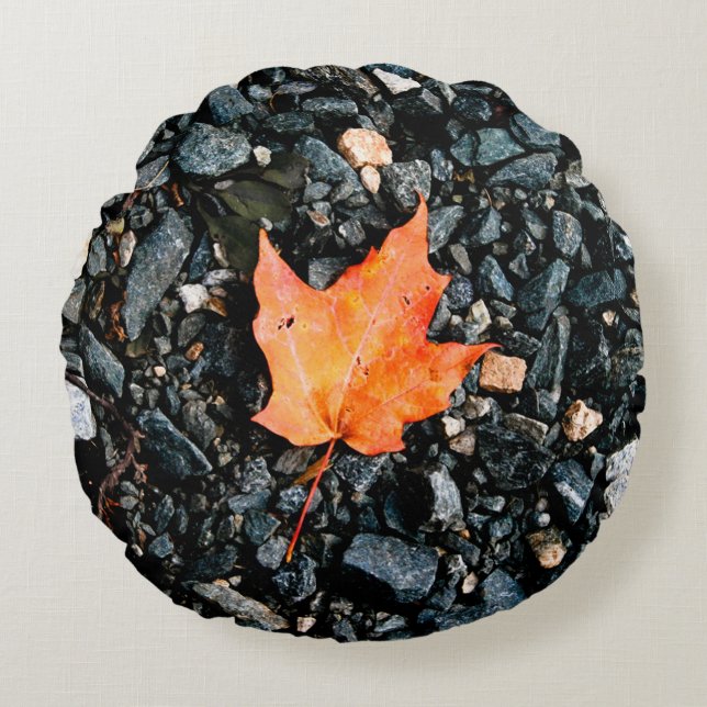 Orange Autumn Leaf on Black Rocks Round Pillow (Front)