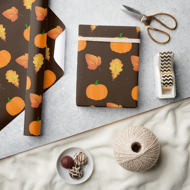 Orange Autumn Leaves and Pumpkins on Brown Craft Wrapping Paper (Crafts)