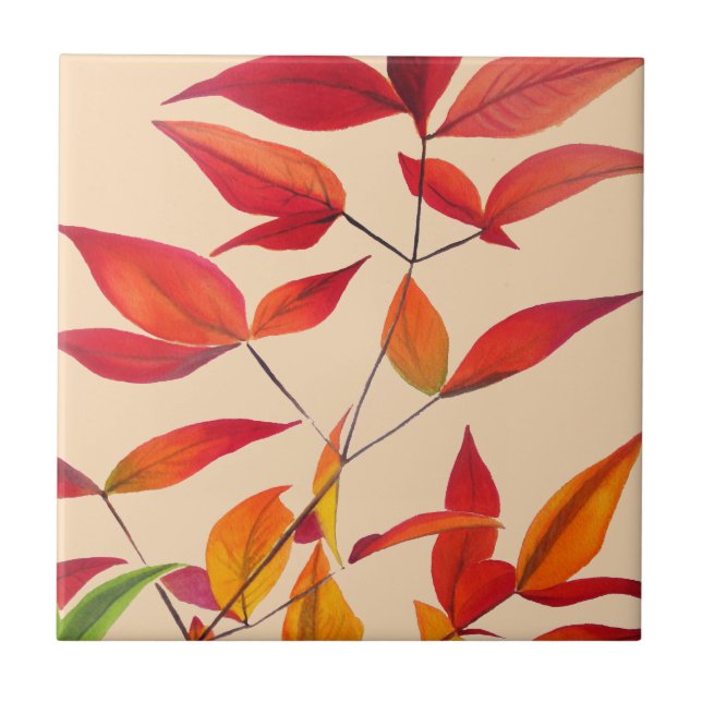 Orange Autumn leaves original watercolour art Ceramic Tile (Front)