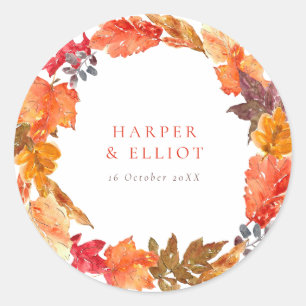 Orange Autumn Leaves Wreath Fall Wedding Classic Round Sticker