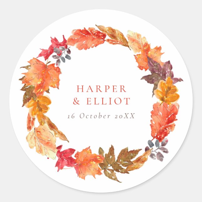 Orange Autumn Leaves Wreath Fall Wedding Classic Round Sticker (Front)