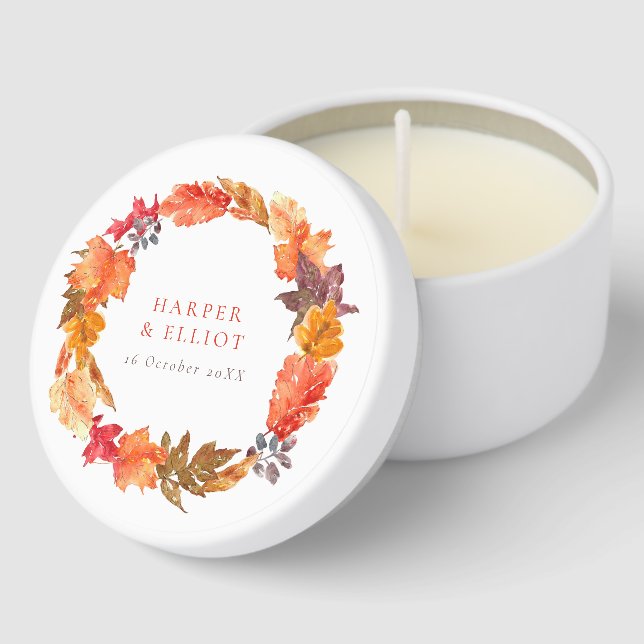 Orange Autumn Leaves Wreath Fall Wedding Mini Candle Favors (Corner)