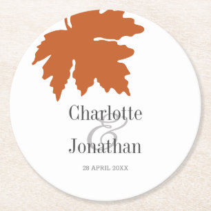 Orange Autumn Maple Leaf Wedding/Engagement   Round Paper Coaster