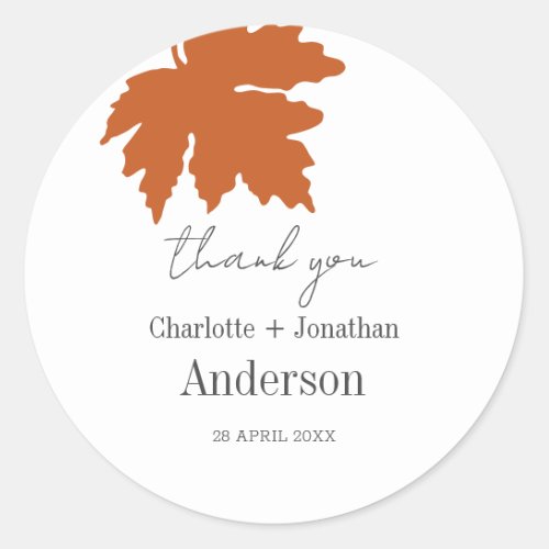 Orange Autumn Maple Leaf Wedding Favors Thank You Classic Round Sticker