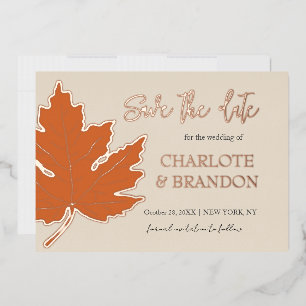 Orange Autumn Maple Leaf Wedding Save The Date   Foil Invitation
