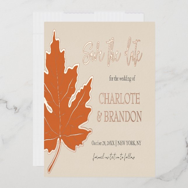 Orange Autumn Maple Leaf Wedding Save The Date   Foil Invitation (Envelope)